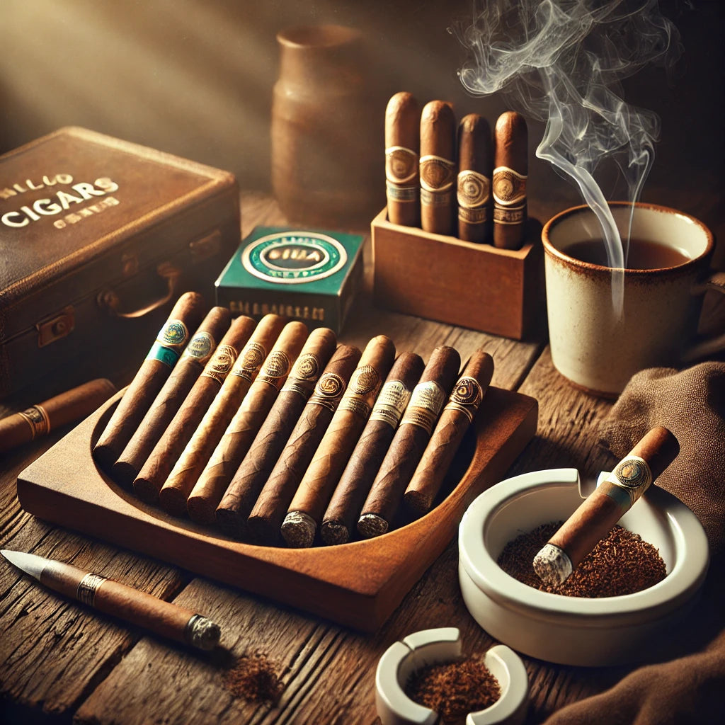 A selection of mild cigars with light wrappers, placed on a wooden table with a cup of coffee in a cozy setting.