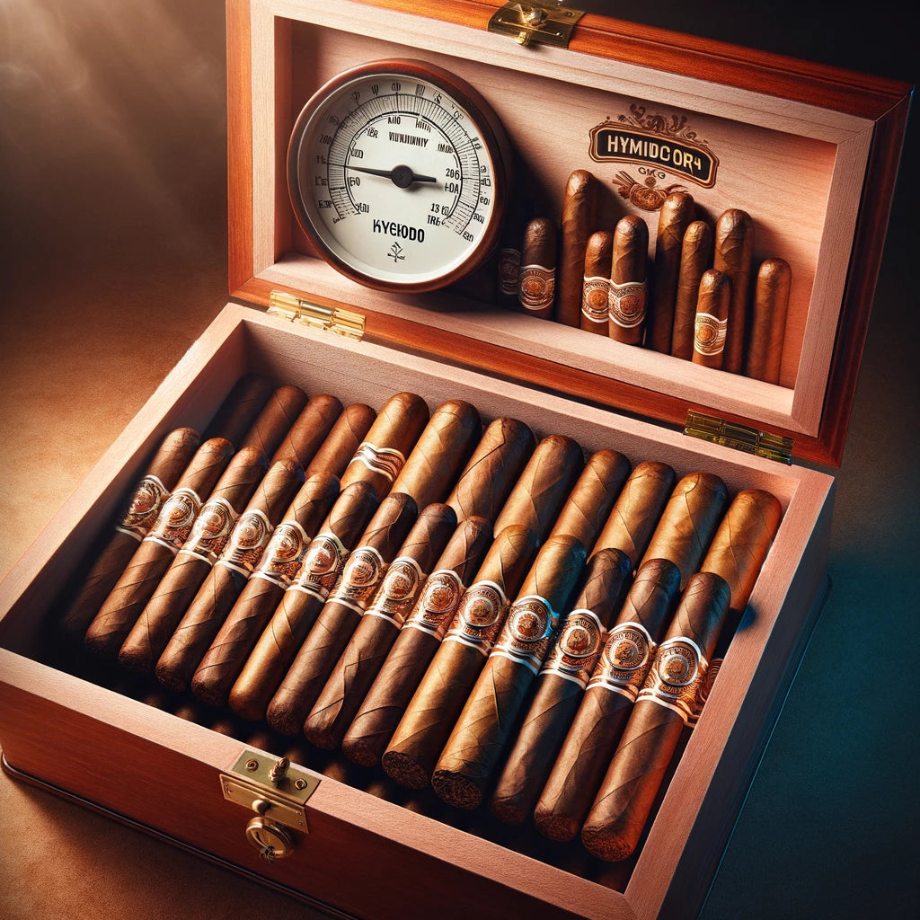 An open humidor filled with cigars, featuring a hygrometer, symbolizing proper cigar storage.