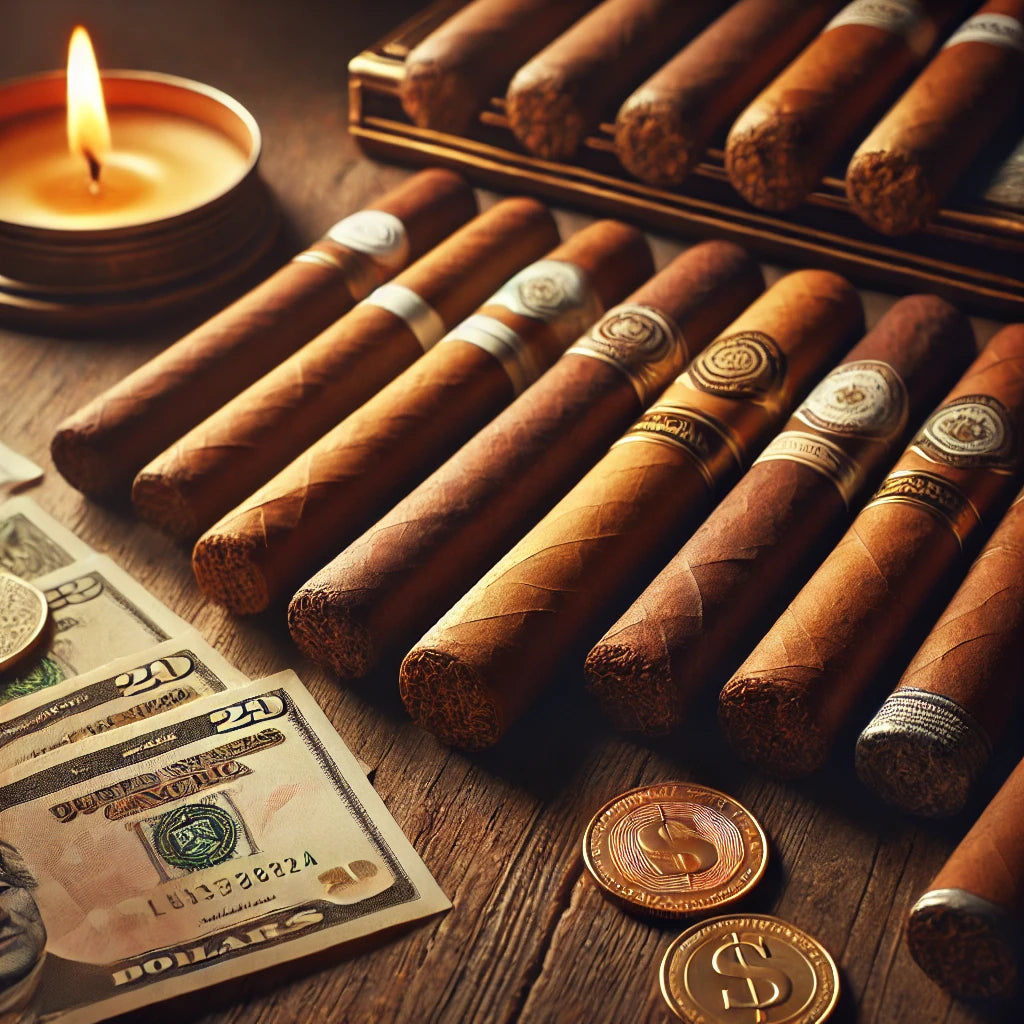 A rustic setup of cigars on a wooden table with scattered dollar bills and coins, representing the cost of cigars.