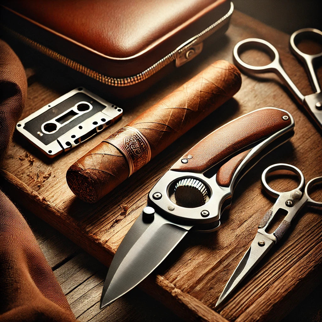 A rustic setup with a cigar, pocket knife, and scissors on a wooden table, illustrating alternative cigar cutting methods.