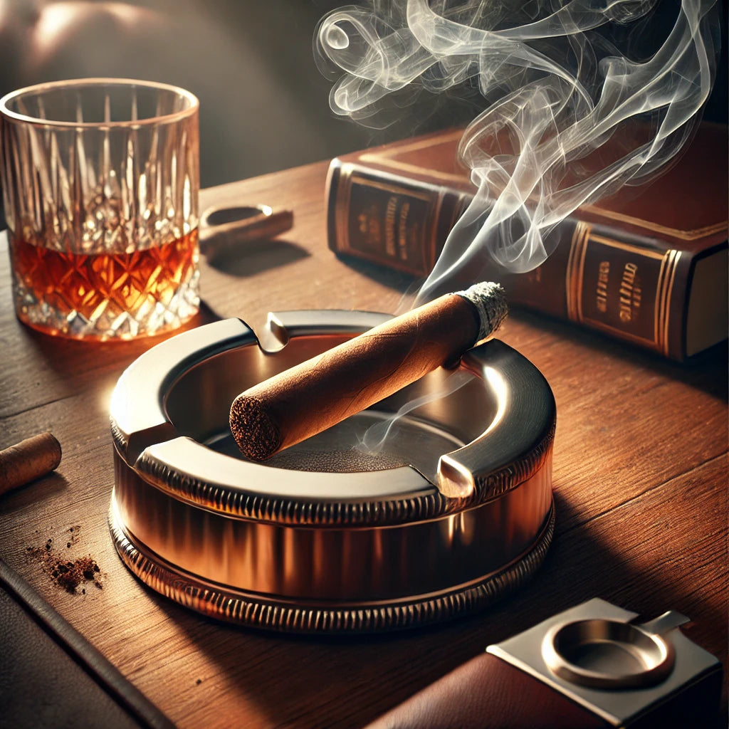 A smoldering cigar resting in an ashtray on a wooden table, with a glass of whiskey nearby, showcasing proper cigar extinguishing.