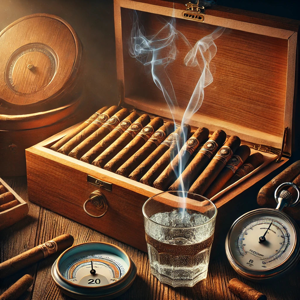 An open humidor with cigars, a small bowl of distilled water, and a hygrometer, symbolizing proper rehydration techniques.