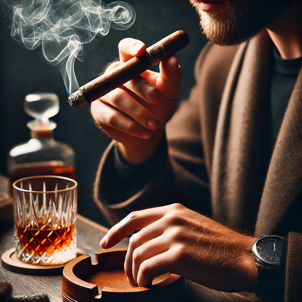 A lit cigar held properly in hand with soft smoke, surrounded by an ashtray and a drink in a beginner-friendly scene.