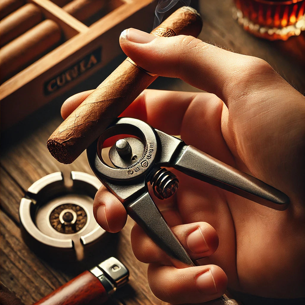 A close-up of a cigar punch tool being applied to a cigar on a wooden table, illustrating the process clearly.