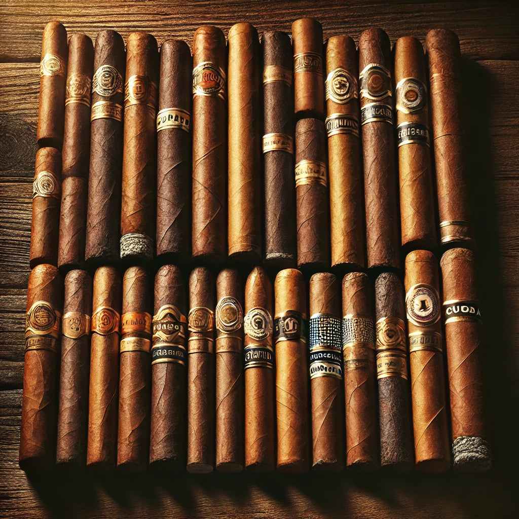 An assortment of cigars of various shapes and sizes arranged on a wooden table, highlighting cigar variety.
