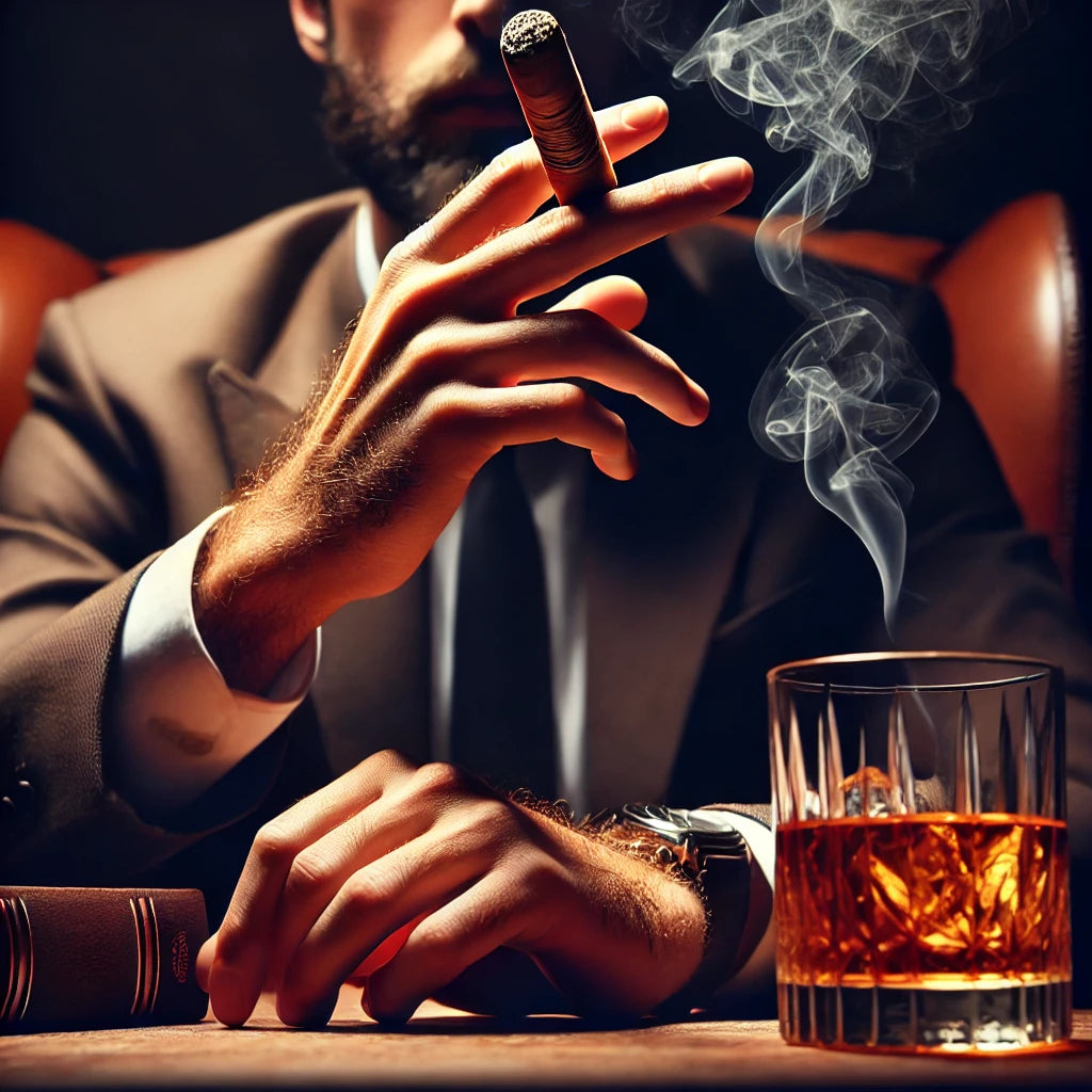 A hand holding a lit cigar with soft smoke curling upward, set in a relaxed environment with whiskey and a book.