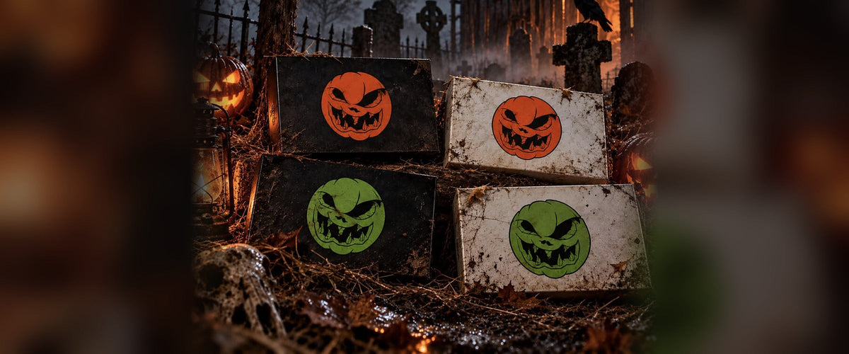 Viaje Full Moon 13th Anniversary boxes in orange and green pumpkin designs in a moonlit Halloween graveyard