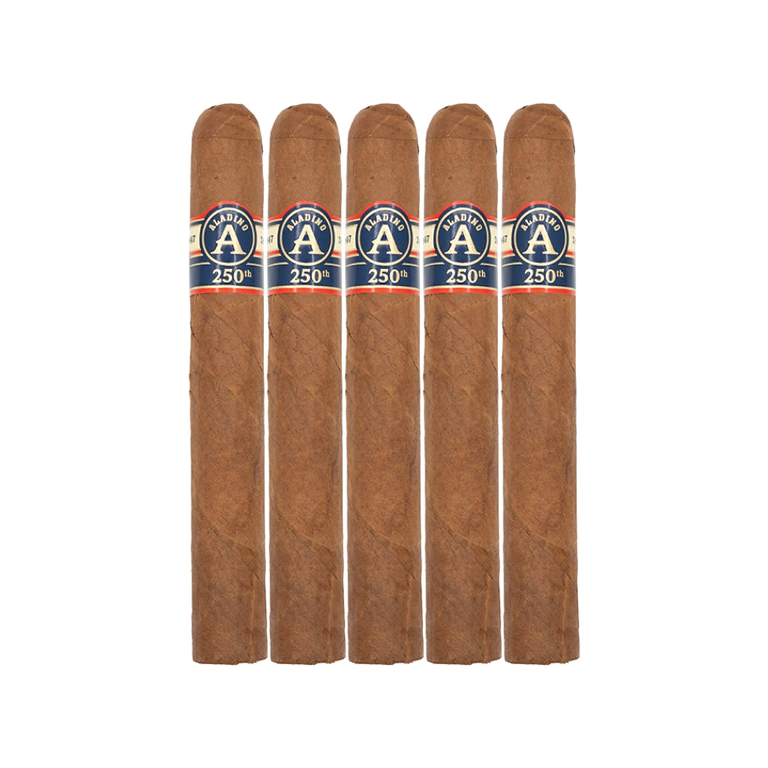 Five Aladino 250th Toro premium cigars displayed together on a white background.