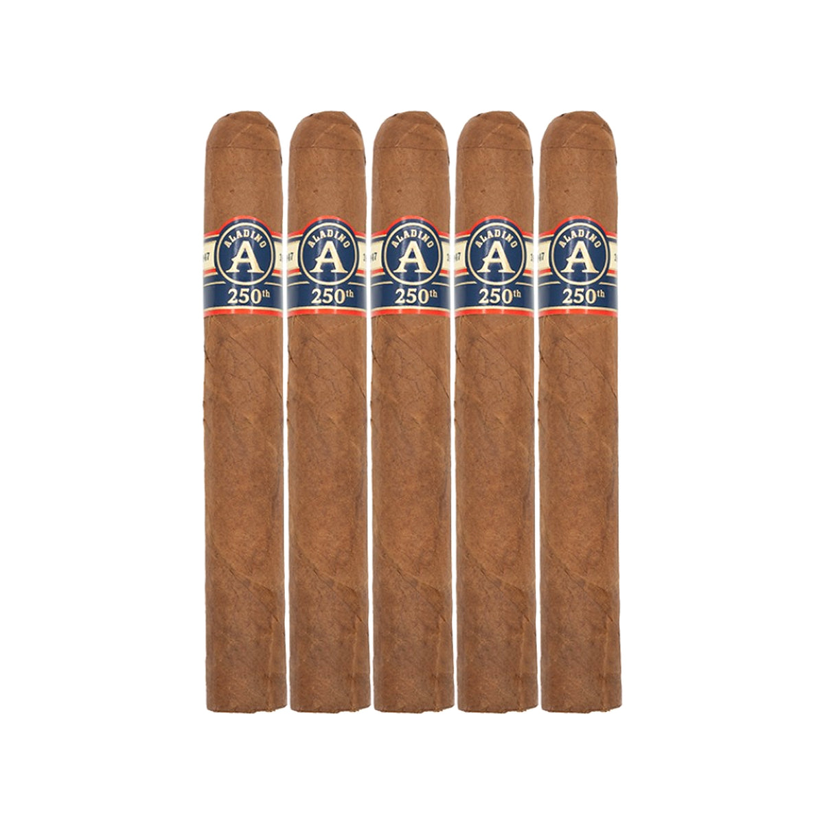 Five Aladino 250th Toro premium cigars displayed together on a white background.