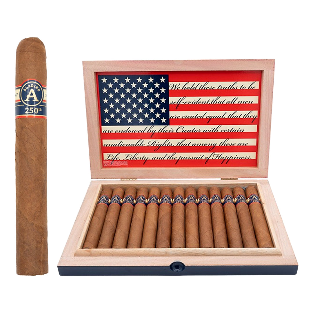Aladino 250th Toro 6 x 52 Honduran cigars in an open box with a single cigar displayed beside the box.
