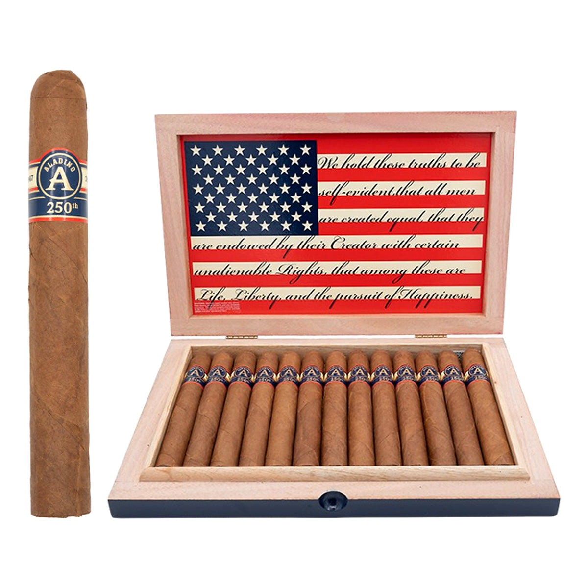 Aladino 250th Toro 6 x 52 Honduran cigars in an open box with a single cigar displayed beside the box.