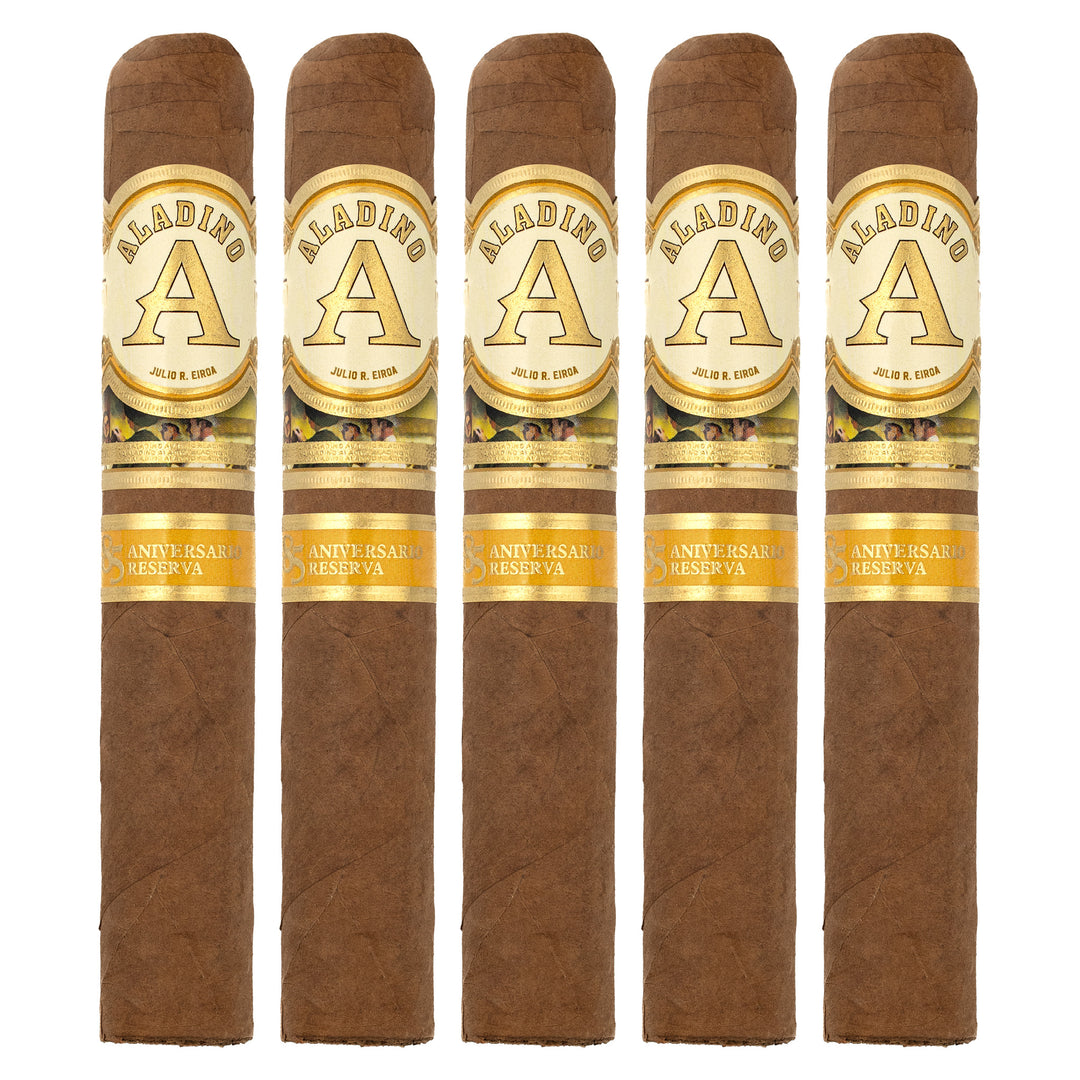 Five Aladino 85 Aniversario Reserva Robusto cigars, 5 × 50, lined up side by side