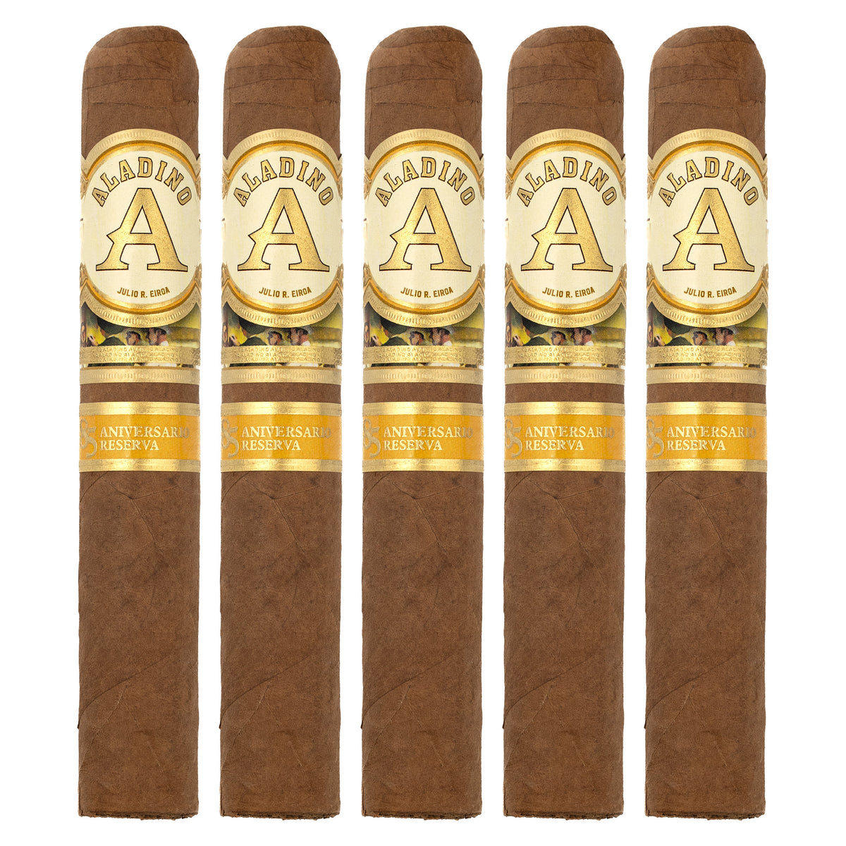 Five Aladino 85 Aniversario Reserva Robusto cigars, 5 × 50, lined up side by side