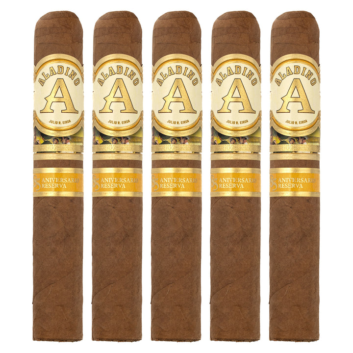 Five Aladino 85 Aniversario Reserva Robusto cigars, 5 × 50, lined up side by side
