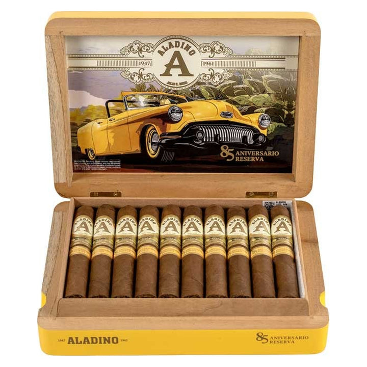 Open box of 20 Aladino 85 Aniversario Reserva Robusto cigars