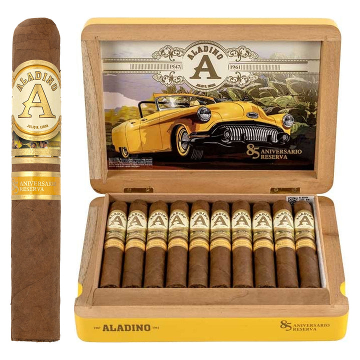 Aladino 85 Aniversario Reserva Robusto cigar, 5 × 50, with Honduran Pinareño wrapper, beside its open box of 20