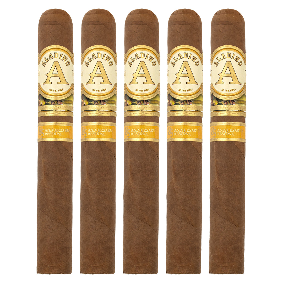 Five Aladino 85 Aniversario Reserva Toro cigars, 6 × 52, lined up side by side