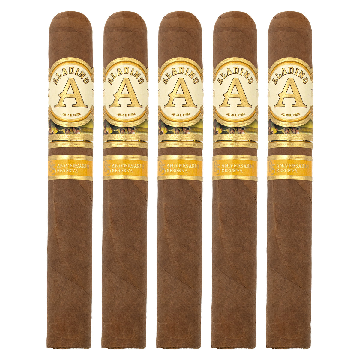 Five Aladino 85 Aniversario Reserva Toro cigars, 6 × 52, lined up side by side