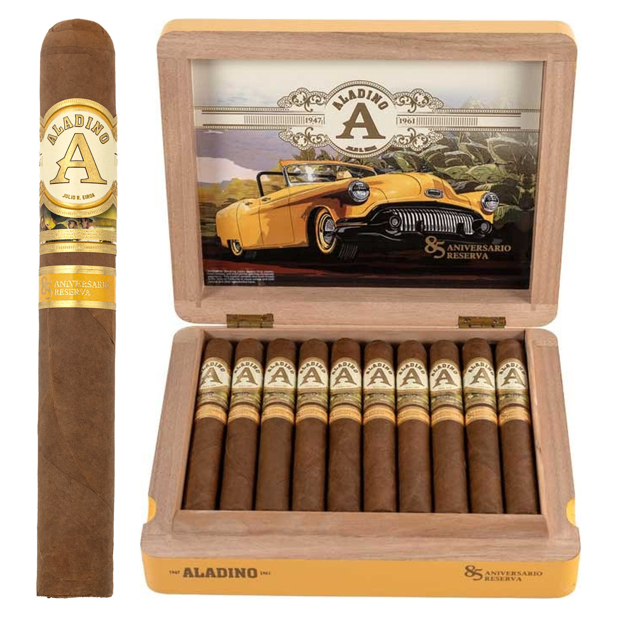 Aladino 85 Aniversario Reserva Toro cigar, 6 × 52, with Honduran Pinareño wrapper, beside its open box of 20