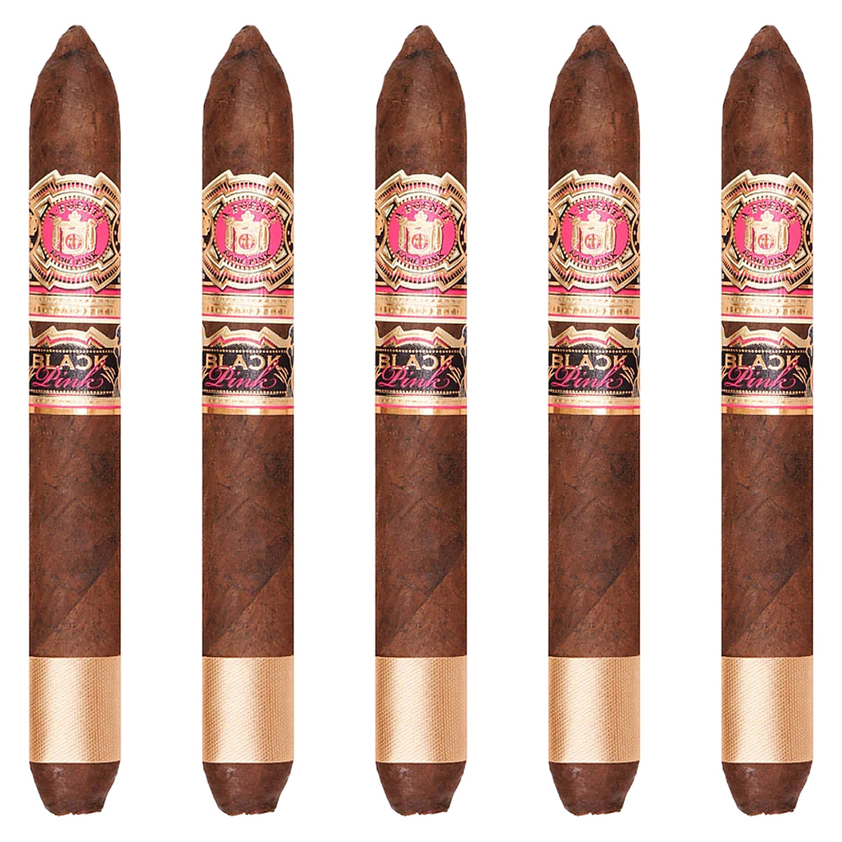Five Arturo Fuente Black Pink Black Panther cigars, 6.63 × 55, lined up side by side