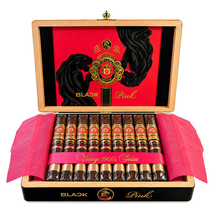 Open box of 20 Arturo Fuente Rare Pink VS Black Pink Black Panther cigars