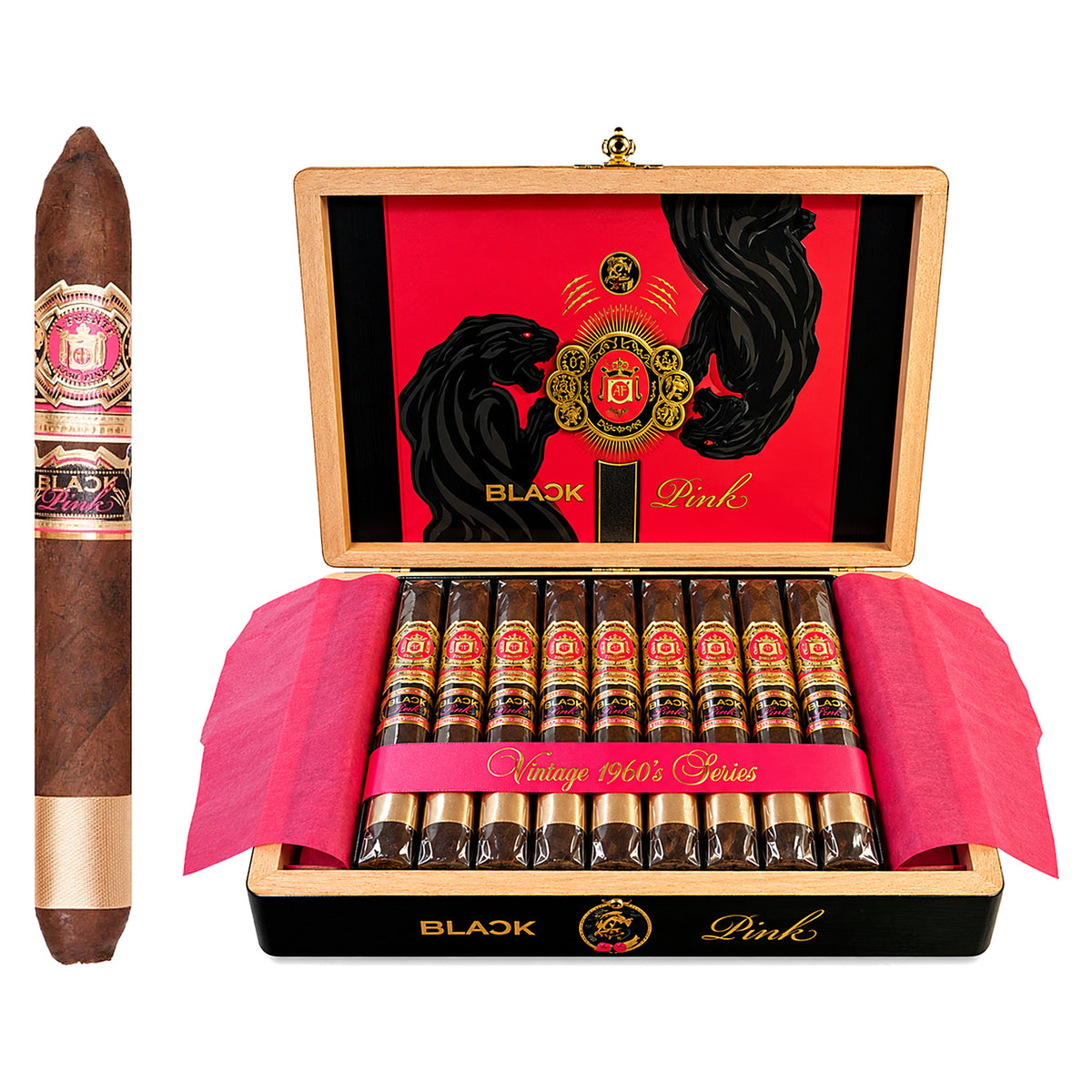 Arturo Fuente Black Pink Black Panther cigar, 6.63 × 55, with Connecticut Habano wrapper, beside its open box of 20