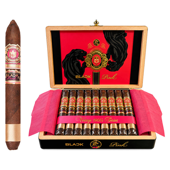 Arturo Fuente Black Pink Black Panther cigar, 6.63 × 55, with Connecticut Habano wrapper, beside its open box of 20