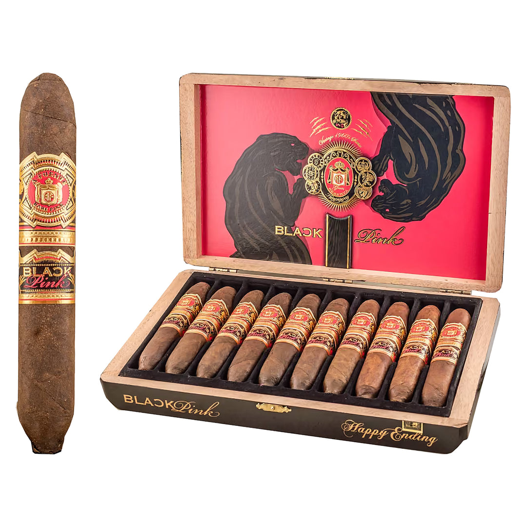 Arturo Fuente Black Pink Happy Ending cigar, 5.5 × 53, dark Connecticut Habano wrapper, next to its open box of 10