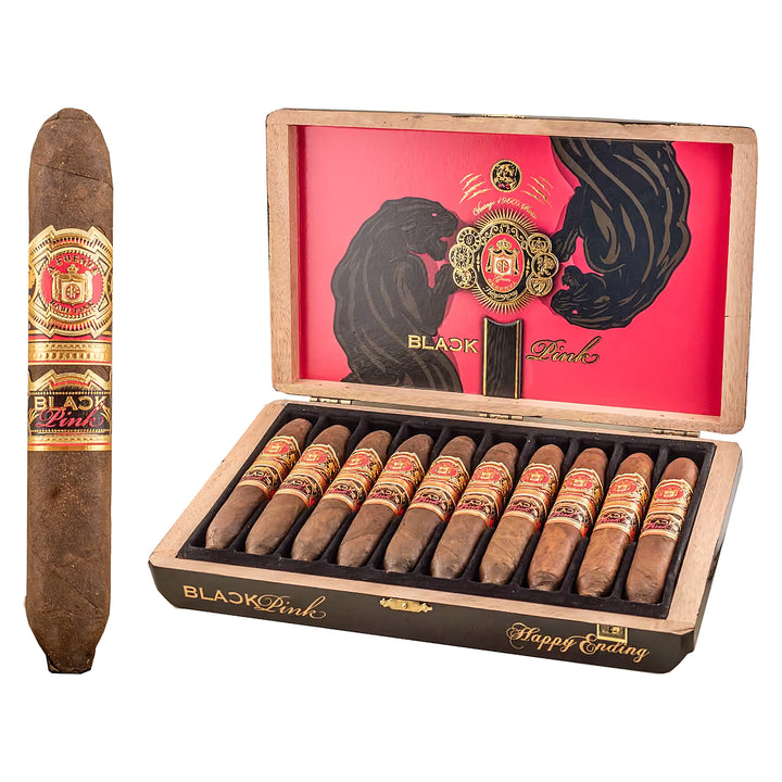 Arturo Fuente Black Pink Happy Ending cigar, 5.5 × 53, dark Connecticut Habano wrapper, next to its open box of 10