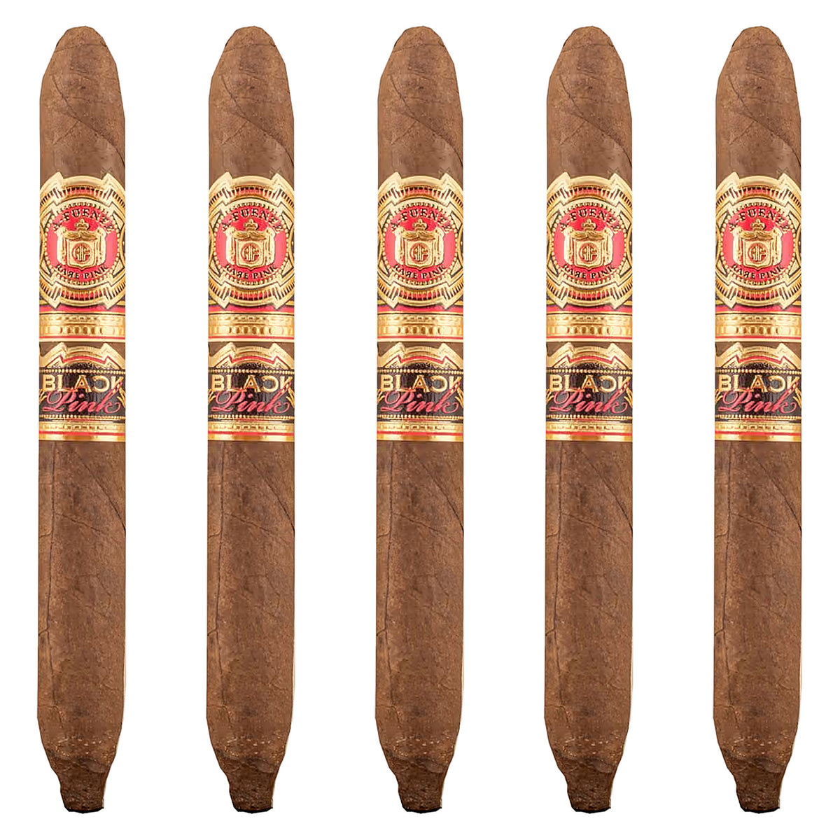 Five Arturo Fuente Black Pink Signature cigars, 6 × 46, side by side