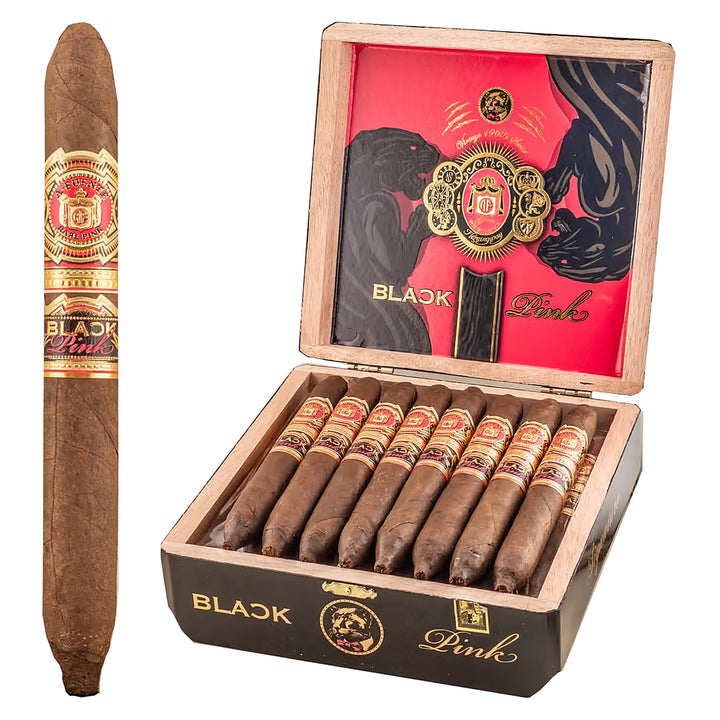 Single Arturo Fuente Black Pink Signature cigar, 6 × 46, Connecticut Habano wrapper, beside an open box of 25
