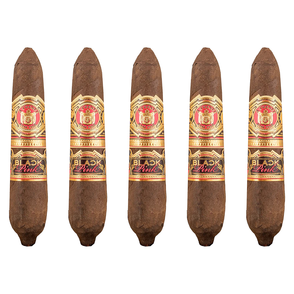 Five Arturo Fuente Black Pink Work of Art cigars, 4.88 × 60, lined up in a row