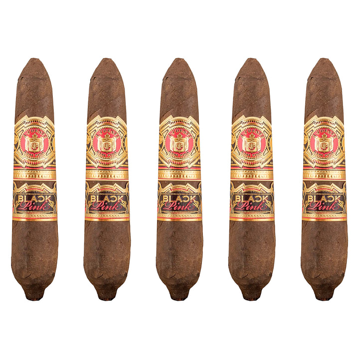 Five Arturo Fuente Black Pink Work of Art cigars, 4.88 × 60, lined up in a row