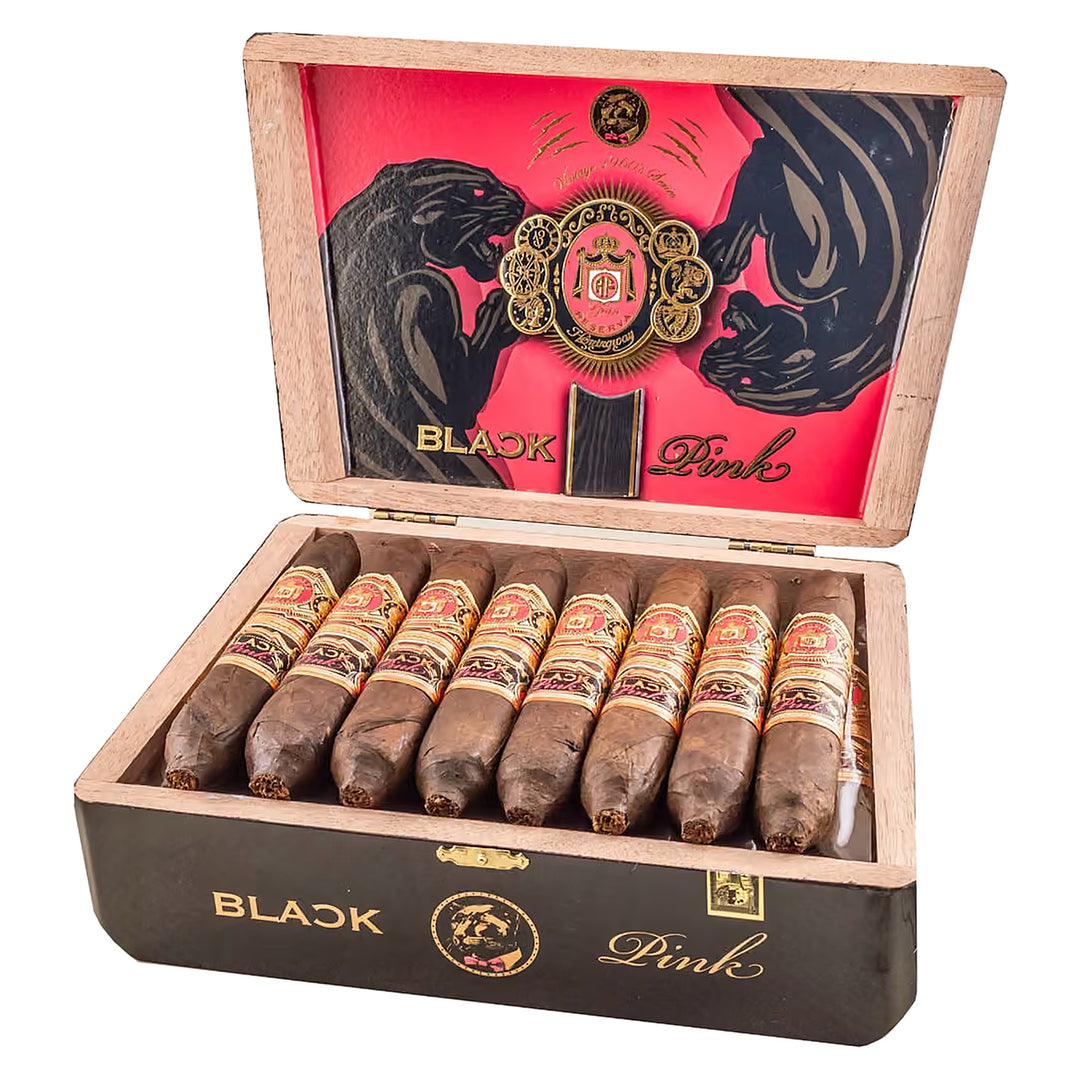 Open box of 25 Arturo Fuente Rare Pink VS Black Pink Work of Art cigars