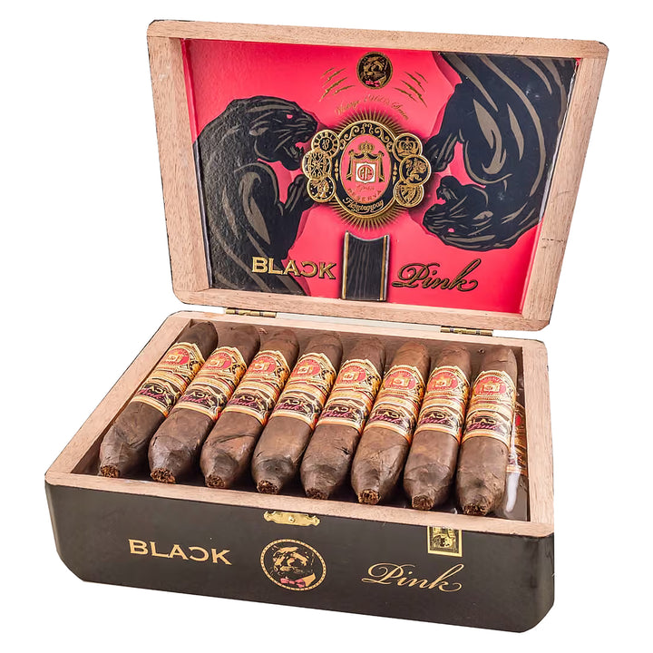 Open box of 25 Arturo Fuente Rare Pink VS Black Pink Work of Art cigars
