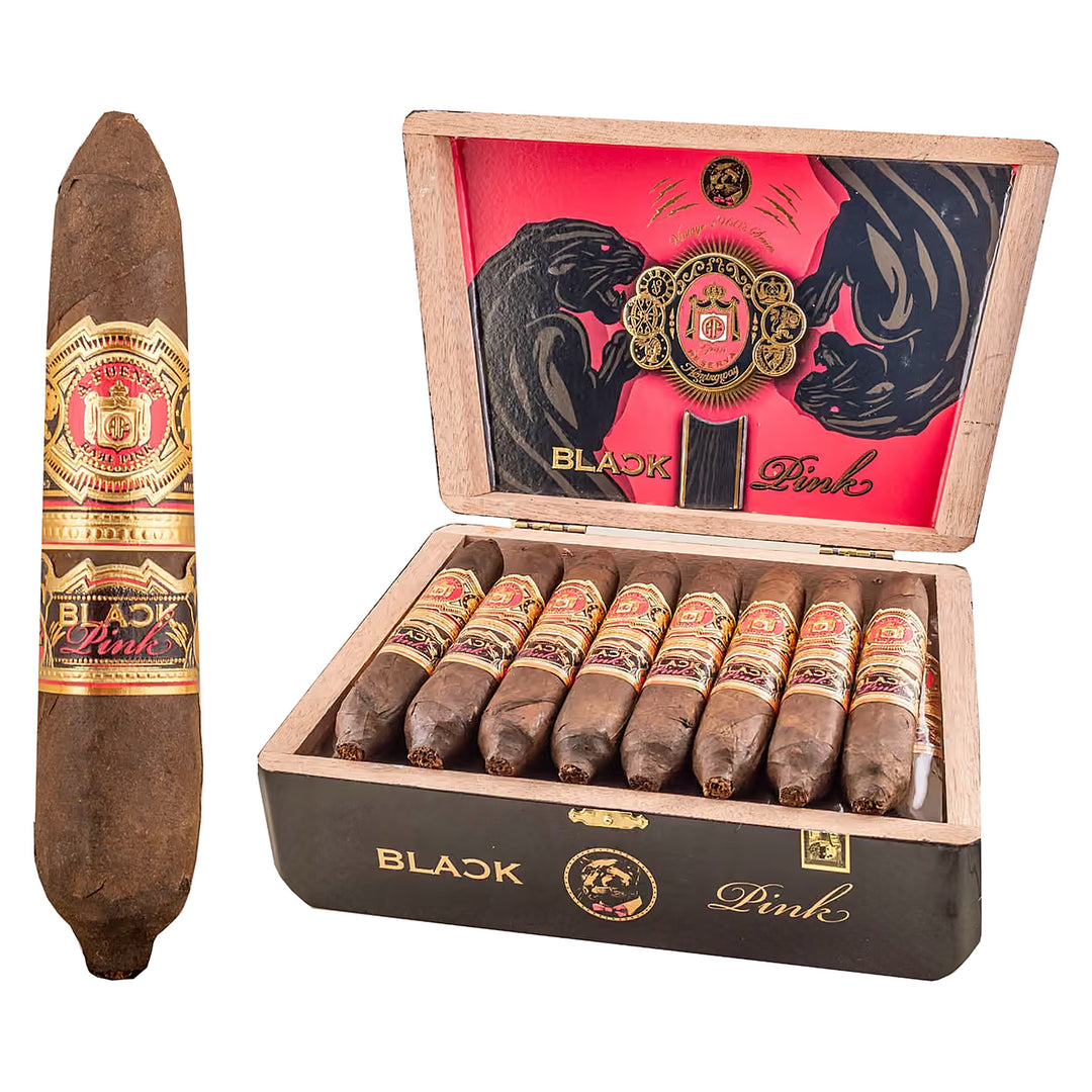 Arturo Fuente Black Pink Work of Art cigar, 4.88 × 60, with Connecticut Habano wrapper, beside its open box of 25