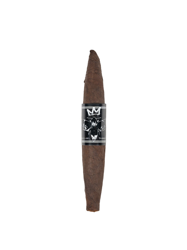 A BLTC Morphine 10-Year Vintage Perfecto cigar, known for its dark Maduro wrapper, presented as a premium, full-bodied cigar.”