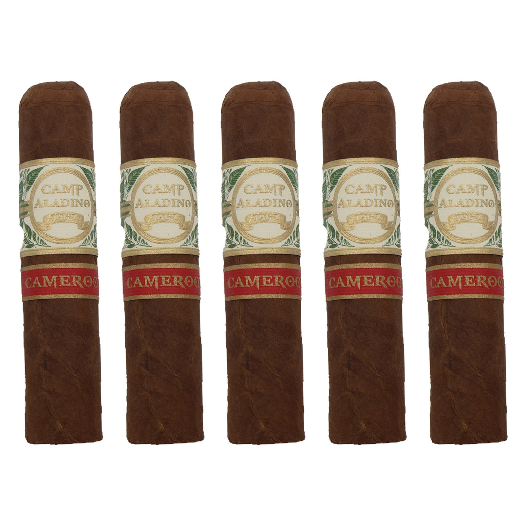 Five Camp Aladino Cameroon Gorbusto cigars, 4.5 × 60, lined up side by side