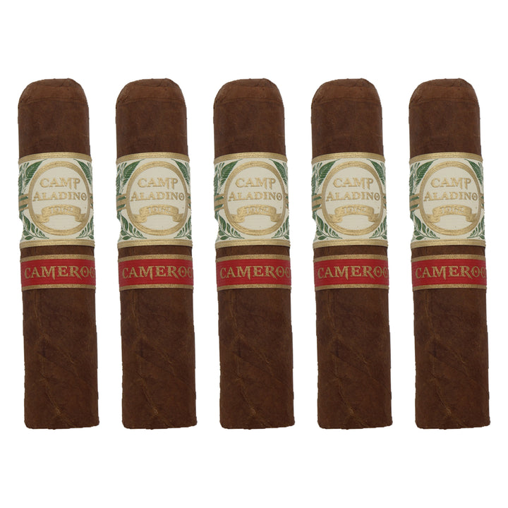 Five Camp Aladino Cameroon Gorbusto cigars, 4.5 × 60, lined up side by side