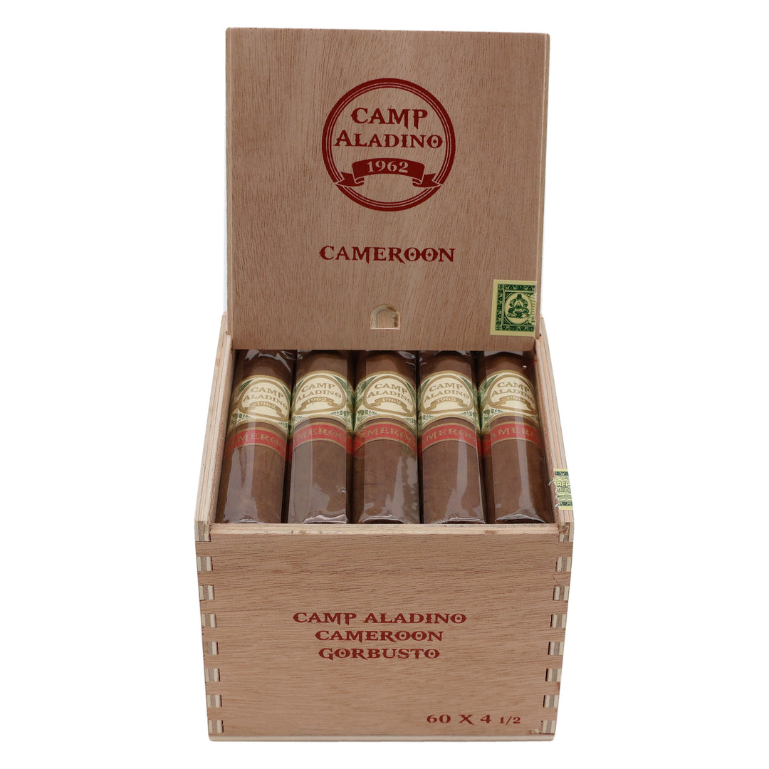 Open box of 20 Camp Aladino Cameroon Gorbusto cigars