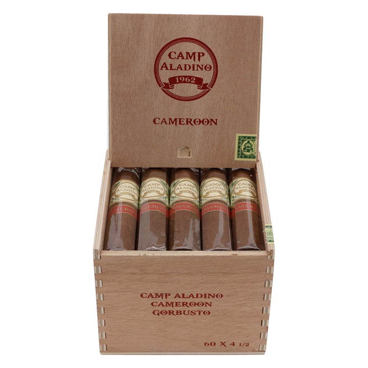 Open box of 20 Camp Aladino Cameroon Gorbusto cigars