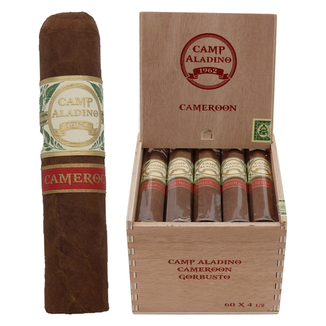 Camp Aladino Cameroon Gorbusto cigar, 4.5 × 60, with Honduran Cameroon wrapper, beside its open box of 20