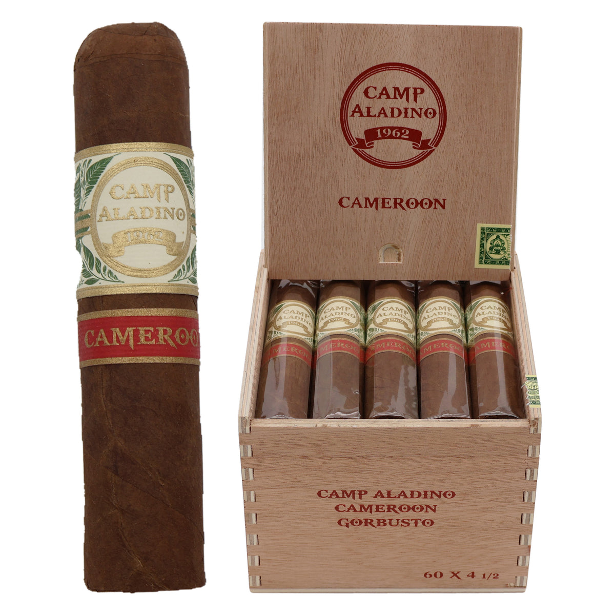 Camp Aladino Cameroon Gorbusto cigar, 4.5 × 60, with Honduran Cameroon wrapper, beside its open box of 20