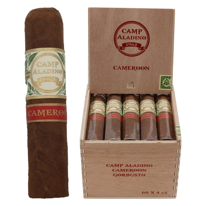 Camp Aladino Cameroon Gorbusto cigar, 4.5 × 60, with Honduran Cameroon wrapper, beside its open box of 20