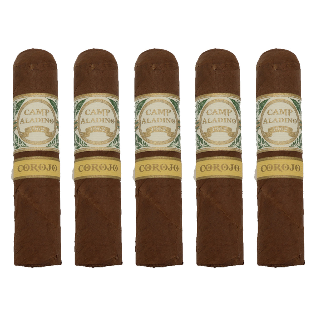 Five Camp Aladino Corojo Gorbusto cigars, 4.5 × 60, lined up side by side