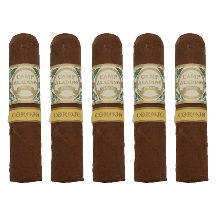 Five Camp Aladino Corojo Gorbusto cigars, 4.5 × 60, lined up side by side