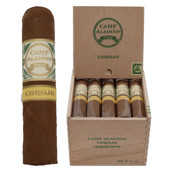 Camp Aladino Corojo Gorbusto cigar, 4.5 × 60, with Honduran Corojo wrapper, beside its open box of 20