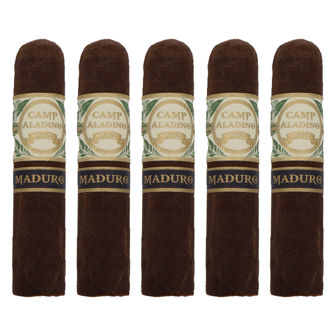 Five Camp Aladino Maduro Gorbusto cigars, 4.5 × 60, lined up side by side