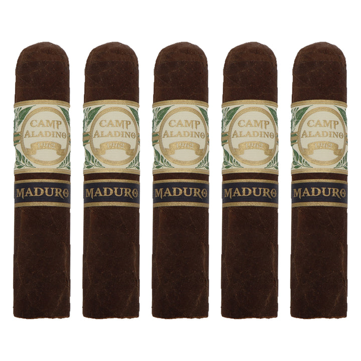 Five Camp Aladino Maduro Gorbusto cigars, 4.5 × 60, lined up side by side