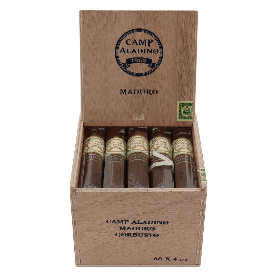 Open box of 20 Camp Aladino Maduro Gorbusto cigars